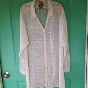 Johnny Was Sheer White Button-Up Blouse
